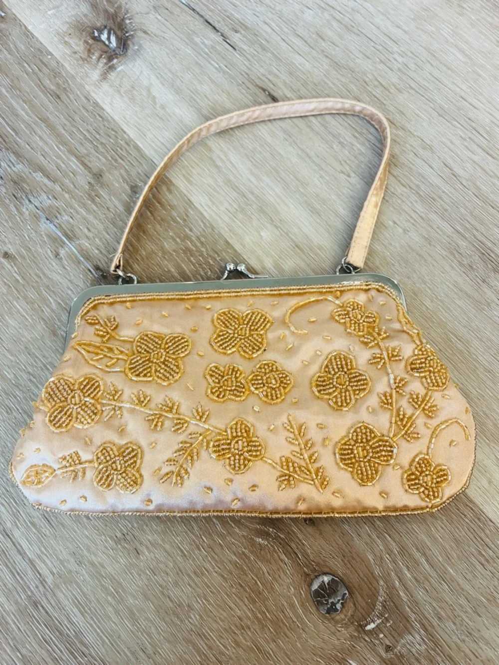 Vintage Beaded Gold Satin Evening Clutch